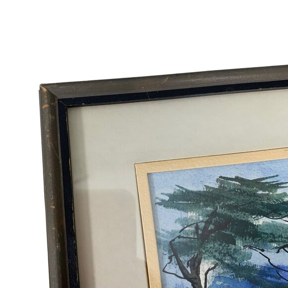Watercolor Painting Original Framed Matted Art Green Blue Tree Nature Scene - Picture 3 of 4